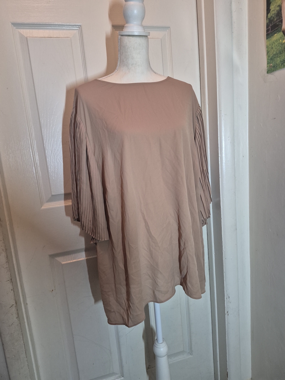 Relaxed Fit Beige Pleated-Sleeve Blouse